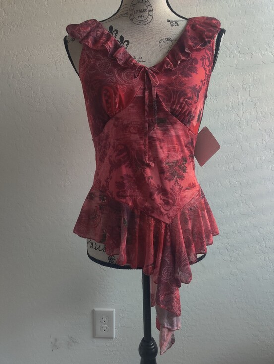 Rebellious Rose Tops - 🆕 Rebellious Red Floral Paisley Ruffled Asymmetric Peplum Top Fairy Whimsigoth